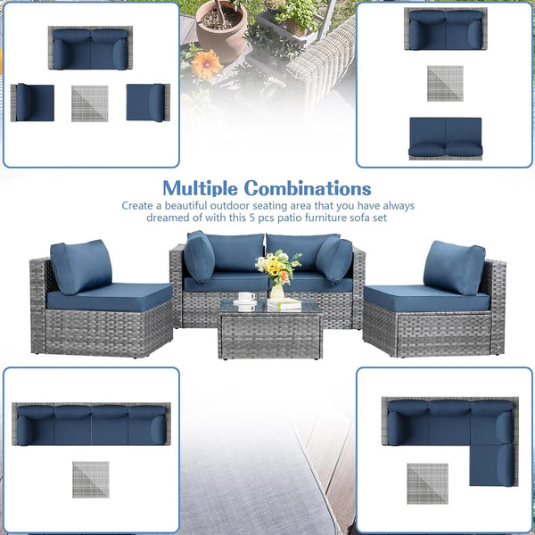 5 Pieces Outdoor Patio Sectional Sofa Couch, Silver Gray PE Wicker Furniture Conversation Sets with Washable Cushions & Glass Coffee Table for Garden, Poolside, Backyard (Aegean Blue)