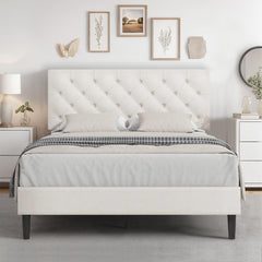Queen Bed Frame with Headboard, Linen Fabric Upholstered Bed Frame Queen, Wood Slats Support, Button Tufted, No Box Spring Needed, White