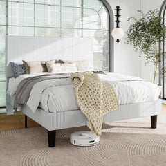 Full Bed Frame, Velvet Platform Bed Frame with Vertical Channel Tufted Headboard, Upholstered Corduroy, Strong Wooden Slats, Mattress Foundation, No Box Spring Needed, Easy Assembly, Black