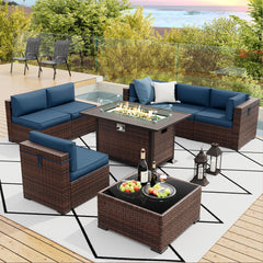 Patio Furniture Sets, 7 Pieces Outdoor Rattan Sectional Sofa Set with Glass Table and Cushions, Wicker Patio Conversation Set for Outdoor Indoor Backyard Lawn Garden Porch (Grey)