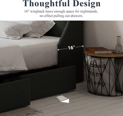 Queen Bed Frame with 4 Storage Drawers and Wingback Headboard, Button Tufted Design, No Box Spring Needed, Dark Grey