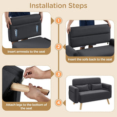 46" Small Modern Fabric Sofa Loveseat Mid Century 2 Seater Sofa Couch with Lumbar Pillows, Solid Wood Legs for Living Room, Small Space, Dorm, Office, Bedroom, Dark Gray