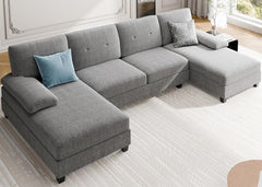 Sectional Couches for Living Room, U Shaped Couch 4- Seat Sectional Sofa with Double Chaise, Comfortable Fabric Large Sofa for Apartment (Grey)