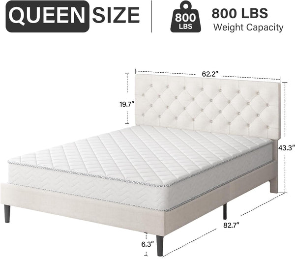 Queen Bed Frame with Headboard, Linen Fabric Upholstered Bed Frame Queen, Wood Slats Support, Button Tufted, No Box Spring Needed, White