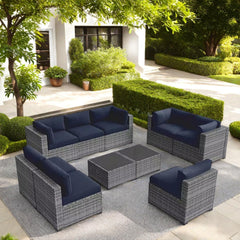 7-Piece Outdoor Rattan Sectional Sofa Set, Gray Wicker Patio Furniture Sets with Navy Blue Cushions for Balcony, Porch, Backyard