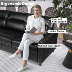 85” Black Faux Leather Couch with USB, 3 Seater Sofa Couches for Living Room, Large Mid Century Modern Office Apartment Couch (Black)