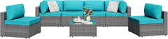 5 Pieces Outdoor Patio Sectional Sofa Couch, Silver Gray PE Wicker Furniture Conversation Sets with Washable Cushions & Glass Coffee Table for Garden, Poolside, Backyard (Aegean Blue)