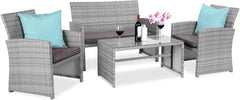 4-Piece Outdoor Wicker Patio Conversation Furniture Set for Backyard W/Coffee Table, Seat Cushions - Gray/Cream