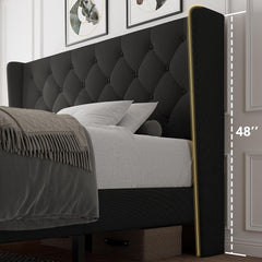 Queen Size Platform Bed Frame with Button Tufted Headboard, Upholstered Bed Frame with Solid Wooden Slats, 8" Underbed Space, No Box Spring Needed, Noise Free, Easy Assembly, Black