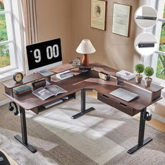 60 Inches L Shaped Electric Standing Desk, Height Adjustable Corner Gaming Desk with Drawers, Keyboard Tray, Power Outlets & LED Lights, Computer Desk with Monitor Shelf, Antique White