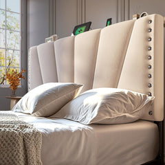 Queen Size Bed Frame with LED Lights, Storage Headboard with Charging Station, Velvet Platform Bed Frame for Apartment, Dorm, Noise-Free, Easy Assembly, Beige