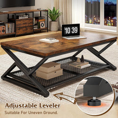 Coffee Table with Storage, Modern Coffee Tables for Living Room with Mesh Shelf, 2 Tier Rectangular Center Table for Living Room, Bedroom, 47.2 Inch, Rustic Brown