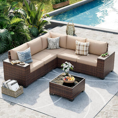 Patio Furniture Set, 8 Inch Armrest Outdoor Sectional Sofa, 6 Piece Wicker Outdoor Furniture Conversation Sets with Waterproof Cover and Coffee Table for Backyard Deck(Brown/Dark Grey)