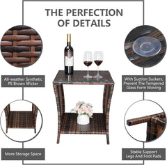 Outdoor Wicker Side Table Patio Side Tables for Outside, Tempered Glass Top Wicker Table with Storage End Table for Balcony Porch Deck (Brown)