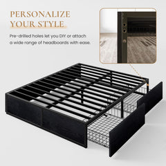 Full Platform Bed Frame with 2 Large Storage Drawers, Rustic Wood and Metal, Noise-Free, Easy Assembly, No Box Spring Needed, Black