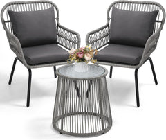3 Pieces Bistro Set, Woven Rope Chair with Cushions, All Weather Patio Conversation Set and Side Table, Ideal for Deck, Balcony, Poolside, Black