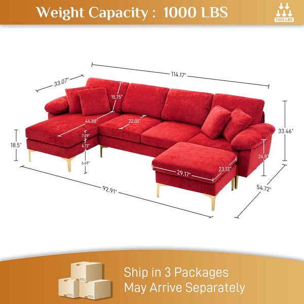 U Shaped Sectional Sofa Couch, 114" Convertible L Shaped Sofa with Chaise Lounge & Ottoman, Modern Oversized Modular 4 Seat Sleeper Sofa Set for Living Room Office, Red Velvet