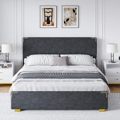 Queen Bed Frame, Queen Size Bed Frame with Headboard and Footboard, Chenille Fabric Upholstered Bed Frame, Gold-Colored Support Feet, Strong Wooden Slats, No Box Spring Needed, Easy Assembly, Black
