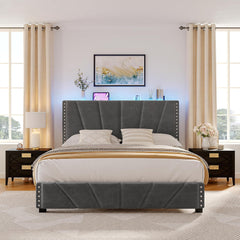 Queen Size Bed Frame with LED Lights, Storage Headboard with Charging Station, Velvet Platform Bed Frame for Apartment, Dorm, Noise-Free, Easy Assembly, Beige
