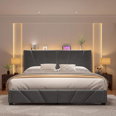 Queen Size Bed Frame with LED Lights, Storage Headboard with Charging Station, Velvet Platform Bed Frame for Apartment, Dorm, Noise-Free, Easy Assembly, Beige