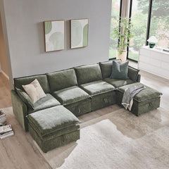 88.98" Modern U-Shaped Sectional Sofa with Ottoman and Storage, Chenille 3-Seater Couch with Deep Seat and Pillows for Living Room and Bedroom, Beige White