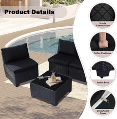 5 Pieces Patio Furniture Sets, Outdoor Furniture Patio Conversation Set, All Weather PE Rattan Sectional Sofa with Cushions and Glass Table (5 Pieces-S, Black-Black)