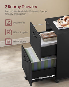 2-Drawer File Cabinet, Small Rolling Filing Cabinet for Home Office, Printer Stand, for A4, Letter-Size Documents, 15.7 X 16.5 X 27.6 Inches, Matte Black UOFC040B16