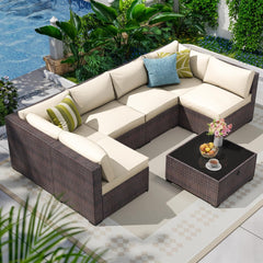 7 Piece Outdoor Patio Furniture Set, Outdoor Sectional Furniture, Rattan & Wicker Modern Modular Conversation Set Sofa Couch W/Water Resistant Washable Thick Cushions and Coffee Table, Coffee/Beige