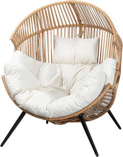 Egg Chair Wicker Outdoor Chairs, Oversized Patio Chair Oversized Lounger Chair with Cushion for Indoor Living Room, Bedroom, outside Patio Backyard Balcony, Beige