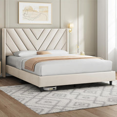 Queen Bed Frame Upholstered Platform Bed with Wing Side/Wooden Slat Support/Tufted Headboard with Wing Side/Mattress Foundation/No Box Spring Needed,Beige Queen Bed