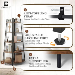 Tall Corner Shelf Stand, 4-Tier Display Shelves, Ladder Corner Wood Storage Plant Bookshelf with Metal Frame, Versatile Shelving Unit Bookcase for Home Office Space, Rustic Oak