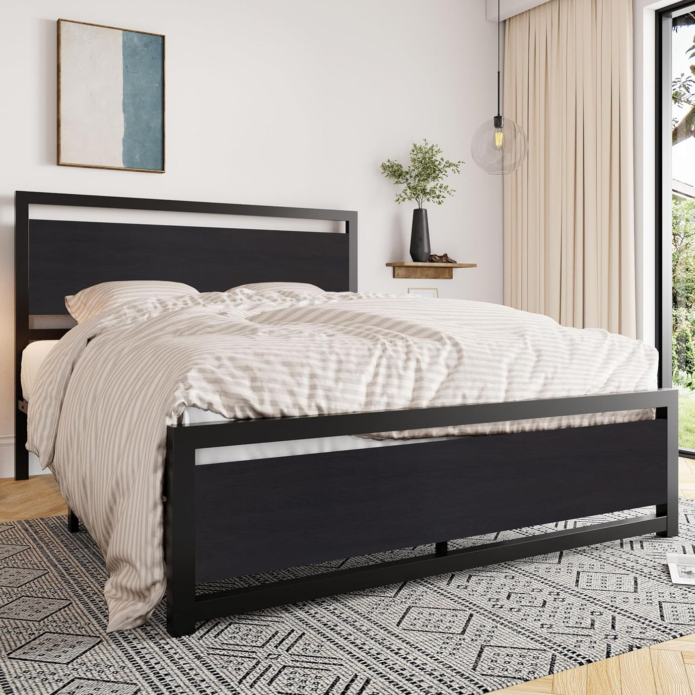 Queen Bed Frame with Headboard, Heavy Duty Metal Platform Base with Strong Support, underneath Storage Space, Stable Mattress Foundation, No Box Spring Needed, Black