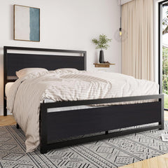 Queen Bed Frame with Headboard, Heavy Duty Metal Platform Base with Strong Support, underneath Storage Space, Stable Mattress Foundation, No Box Spring Needed, Black