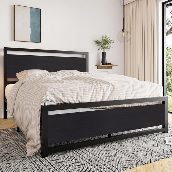 Queen Bed Frame with Headboard, Heavy Duty Metal Platform Base with Strong Support, underneath Storage Space, Stable Mattress Foundation, No Box Spring Needed, Black