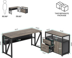 L Shaped Desk with Drawer Cabinet, 55" Executive Computer Desk and Lateral File Cabinet, 2 Piece Home Office Furniture with Drawers for Hanging File, Doors with Locks (Gray, 55 Inches)