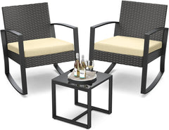 3 Pieces Patio Furniture Set Rocking Bistro Set Outdoor Rattan Conversation with Coffee Table for Garden Balcony Backyard Poolside (Grey Cushion)