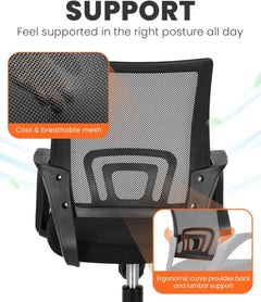 Office Desk Computer Chair Ergonomic Mesh Gaming Mid Back Seat with Comfy Lumbar Support Adjustable Height Swivel for Home Task (Black)