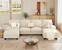 Sectional Couches for Living Room, U Shaped Couch with Chenille Fabric, 4 Seat Modern Sofa with Removable Pillows for Apartment and Small Space (Fabric, Grey)