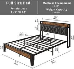 Full Size Bed Frame, Storage Headboard with Outlets, Easy to Install, Sturdy and Stable, No Noise, No Box Springs Needed - Perfect for a Good Night'S Sleep