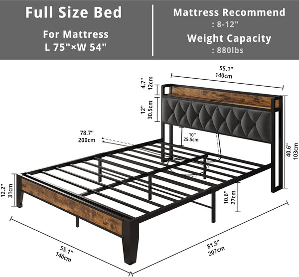 Full Size Bed Frame, Storage Headboard with Outlets, Easy to Install, Sturdy and Stable, No Noise, No Box Springs Needed - Perfect for a Good Night'S Sleep