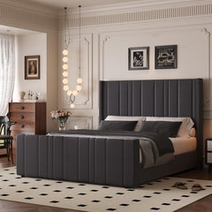 King Size Bed Frame and Headboard, Upholstered Bed with Vertical Channel Tufted Headboard & Footboard, Wooden Slats/Noise Free/No Box Spring Needed/Easy Assembly, Pink