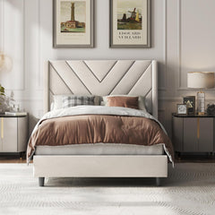 Queen Bed Frame Upholstered Platform Bed with Wing Side/Wooden Slat Support/Tufted Headboard with Wing Side/Mattress Foundation/No Box Spring Needed,Beige Queen Bed