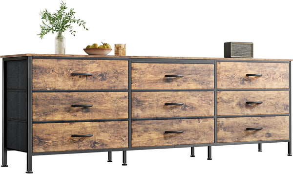 63 Inch Dresser for Bedroom, Dresser for Closet with 9 Drawers, Large TV Stand for 55, 65, 70 Inch TV, Entertainment Center with Storage, Wide Long Chest of Drawers, Rustic Brown
