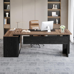 74.8 Inch Executive Desk, Large Office Desk with Cabinet, L Shaped Computer Table with Shelves and CPU Storage, Modern Home Office Desks Business Furniture Workstation Set