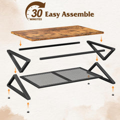 Coffee Table with Storage, Modern Coffee Tables for Living Room with Mesh Shelf, 2 Tier Rectangular Center Table for Living Room, Bedroom, 47.2 Inch, Rustic Brown