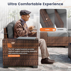 Patio Furniture Set, 8 Inch Armrest Outdoor Sectional Sofa, 6 Piece Wicker Outdoor Furniture Conversation Sets with Waterproof Cover and Coffee Table for Backyard Deck(Brown/Dark Grey)