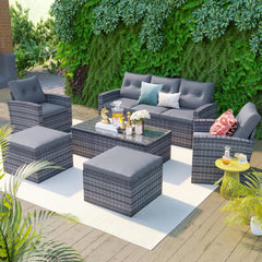 6 Piece Outdoor Patio Furniture Set with Lift Top Table & Ottomans, Outdoor Sectional All Weather PE Rattan Wicker Sectional Furniture Chair Set with Cushions and Tea Table (Dark Gray)