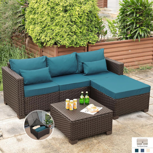 3 Pieces Patio Furniture Set Outdoor Sectional Wicker Patio Furniture Patio Couch with Ottoman and Outdoor Storage Table with Lining Weathering Anti-Slip Cushions Waterproof Covers, Peacock Blue