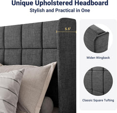 Queen Size Platform Bed Frame with Wingback, Fabric Upholstered Square Stitched Headboard and Wooden Slats, Mattress Foundation, Box Spring Optional, Easy Assembly, Dark Grey