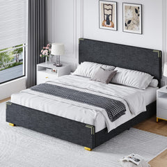 Queen Bed Frame, Queen Size Bed Frame with Headboard and Footboard, Chenille Fabric Upholstered Bed Frame, Gold-Colored Support Feet, Strong Wooden Slats, No Box Spring Needed, Easy Assembly, Black